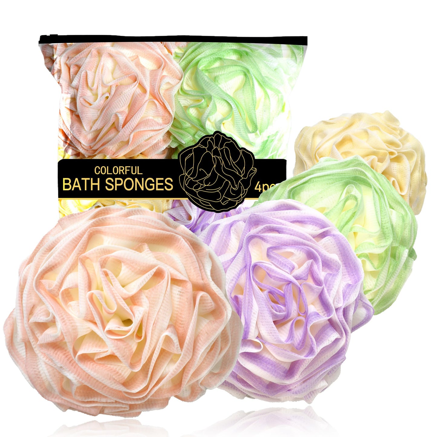 Loofah Sponge 70g, Large Exfoliating Flower Bath Sponge, Soft Durable PE Mesh with Reinforced Knotting, Rich Lather Bath Scrubber for Body, for Travel or as a Holiday Gift (4Pack, Green-Beige)