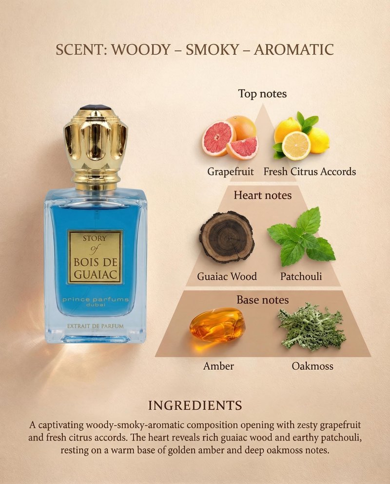 Prince Parfums Dubai - Story of Bois De Guaiac For Men - 3.4 Ounces - Extrait de Parfum - Exquisite Luxury Fragrance Exotic Woods, Amber, Citrus Notes - Refined Sophisticated Scent