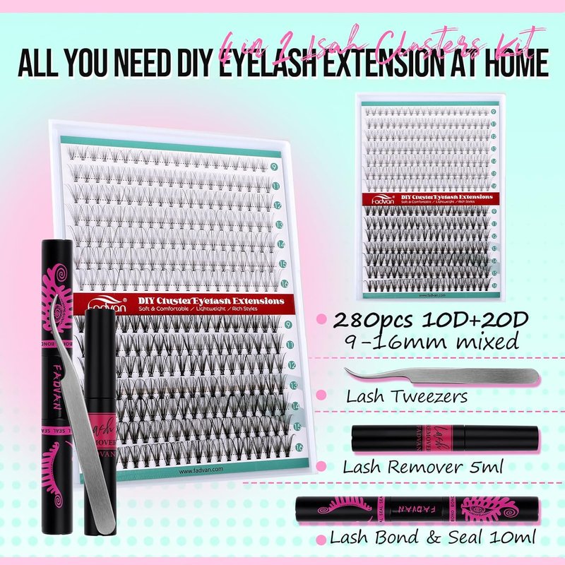 FADVAN Eyelash Extension Kit - 280pcs Mixed Individual Lash Clusters 9-16mm | Includes Bond, Seal & Tweezers