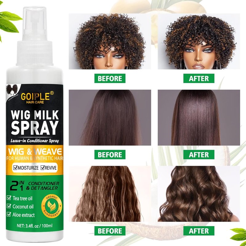 Goiple Wig Milk Spray Wig Spray for Synthetic Hair, Leave-In Conditioner for Hair Wigs, Conditioner ＆ Detangler 2 in 1 Moisturizer, Hydrates & Replenishes Synthetic Wigs Easy Combing (3.4 fl oz)