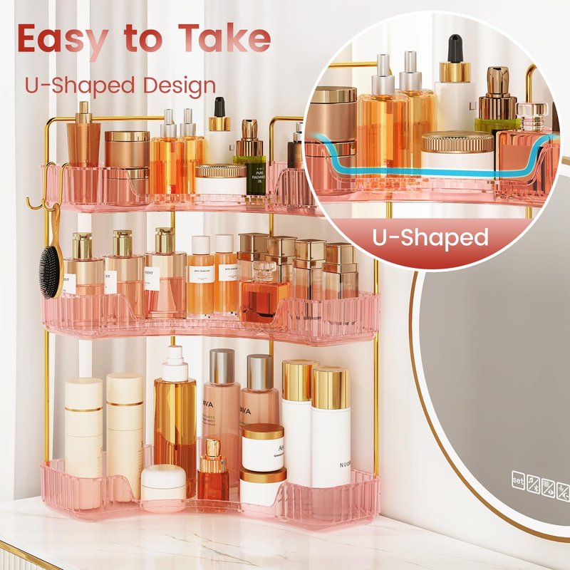 Kinkota Corner Bathroom Counter Organizer 3-Tier Bathroom Organizer Countertop with Hooks Perfume Organizers Storage Shelf for Makeup & Skincare Dresser-Pink