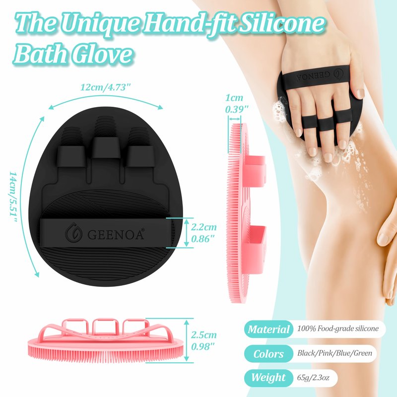 GEENOA Upgrade Silicone Body Scrubber with Straps, 360° Anti-Slip & Enlarged Exfoliating Shower Scrubber for Rich Foaming Deep Cleaning, No-Grip & Hand-fit Bath Glove for All Skin Types(Black+Pink)