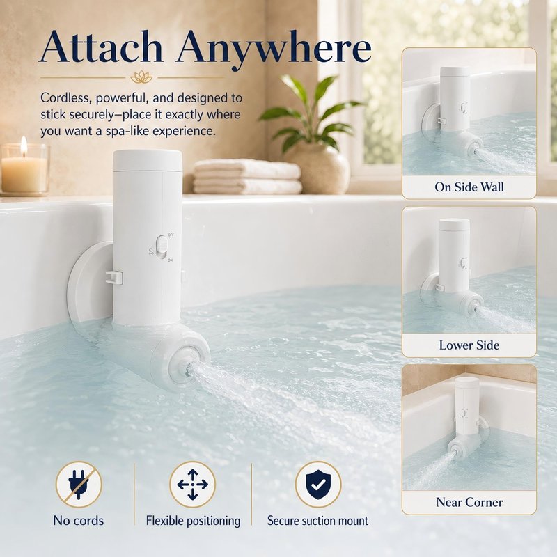Rechargeable Bath Jets for Tub, Impact Force 65 kPa Bath Jet Spa, Bubble and Flow-Massage Two Mode, Adjustable Speed, Cordless Portable Bathtub Jet for Relaxing Daily Use at Home, White