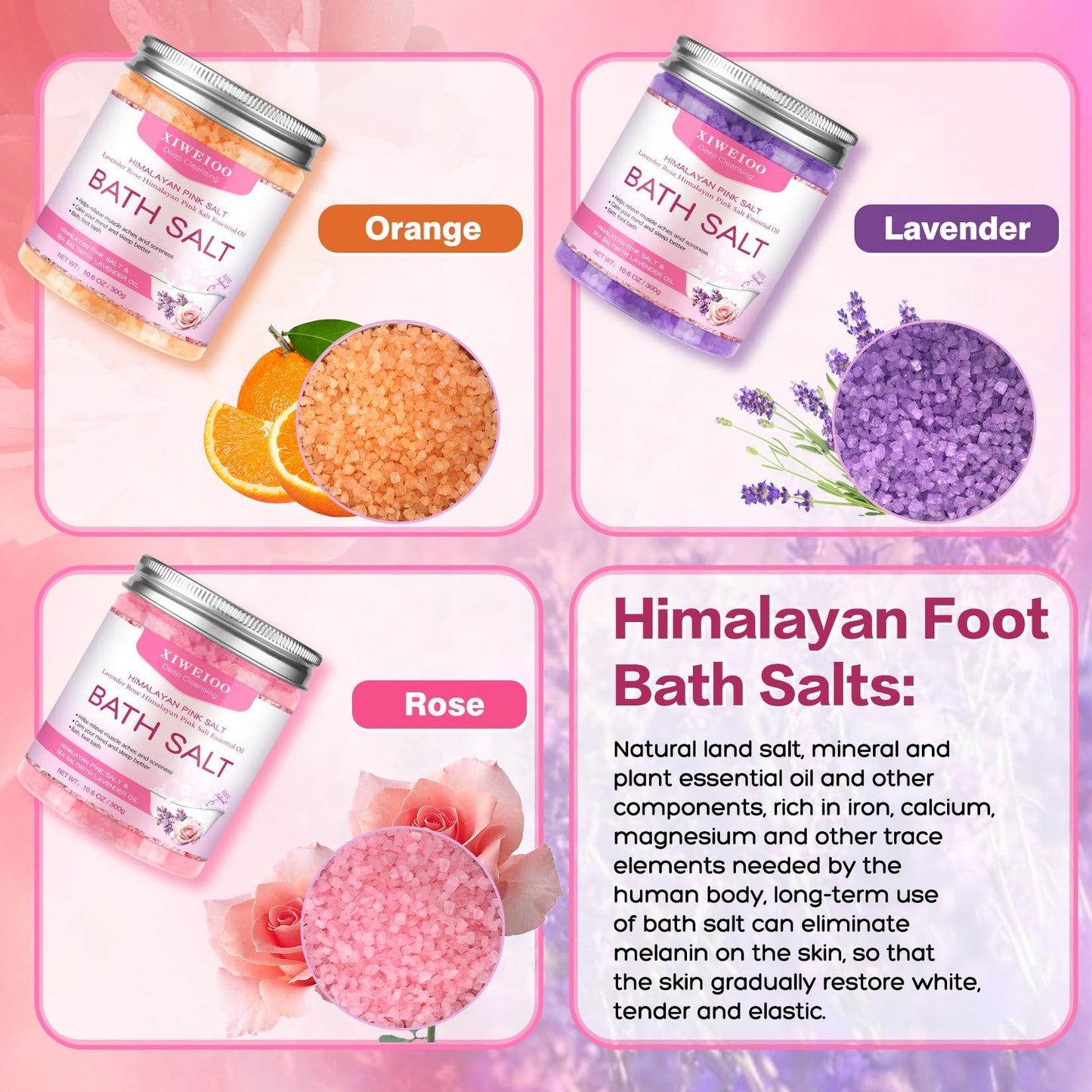 XIWEIOO Bath Salts for Soaking Himalayan Pink Bath feet soka sea Salt 3 Set Kit Lavender Orange Rose Scent Epsom Salt Tea Tree Oil Natural Soaking spa Set Christmas Gifts for Woman Mom Gifts Set