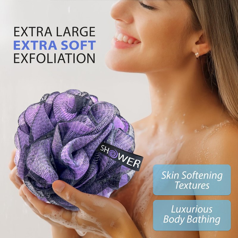 SHOWER BOUQUET Loofah-Charcoal Bath-Sponge XL-Color-4-Pack // Extra Large 75g Soft Mesh Black Luffa Loofa Loufa Puff Set/Exfoliating Body Scrubber for Women and Men - Exfoliate & Soothe Face & Body