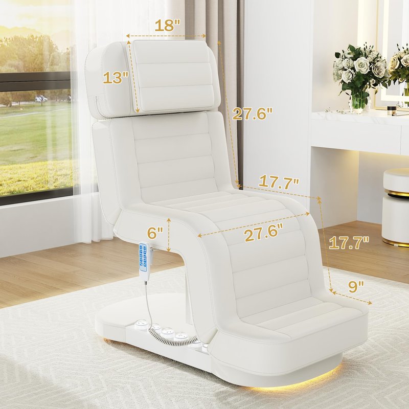 Professional Electric Spa Table/Chair with LED Light, 3 Motor Height Adjustment, Backrest, Leg Support Angle Adjustable for Massage, Facial, Medical, Tattoo, Waxing, Beauty Salon and More - White