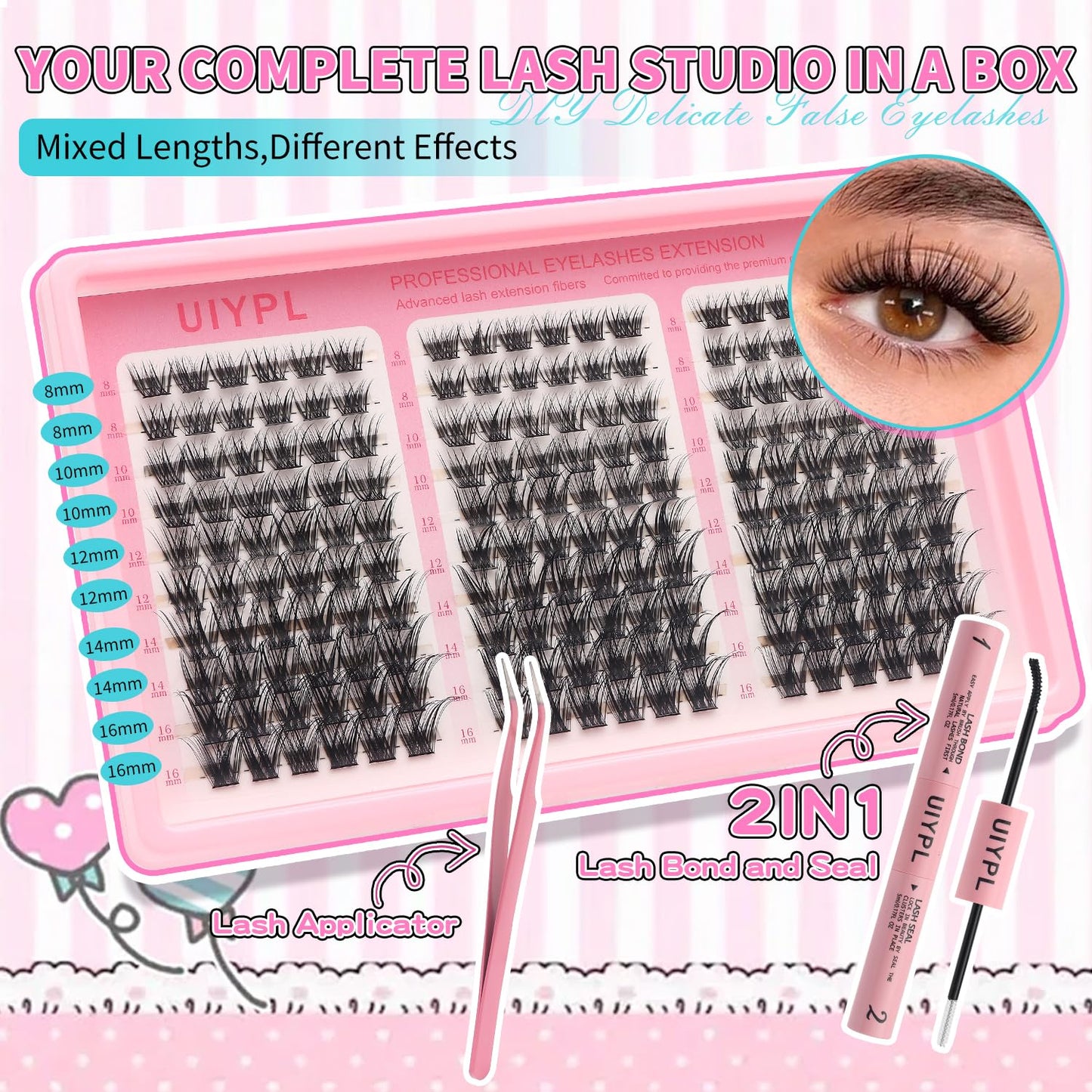 UIYPL Lash Clusters Kit-Cluster Eyelash Extensions. Eyelash Extension Kit. Volume Lash Clusters. Pro Lash. False Eyelashes & Adhesivesc. (ZH03 kit 180pcs)