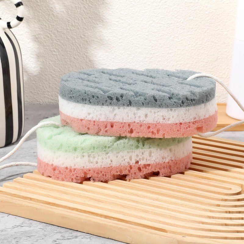 2 Pack Bath Sponges for Shower, Dual-Texture Exfoliating Loofah Sponge, Gray and Green Body Sponge for Women Men, Shower Sponges for Gentle and Deep Cleansing Foam