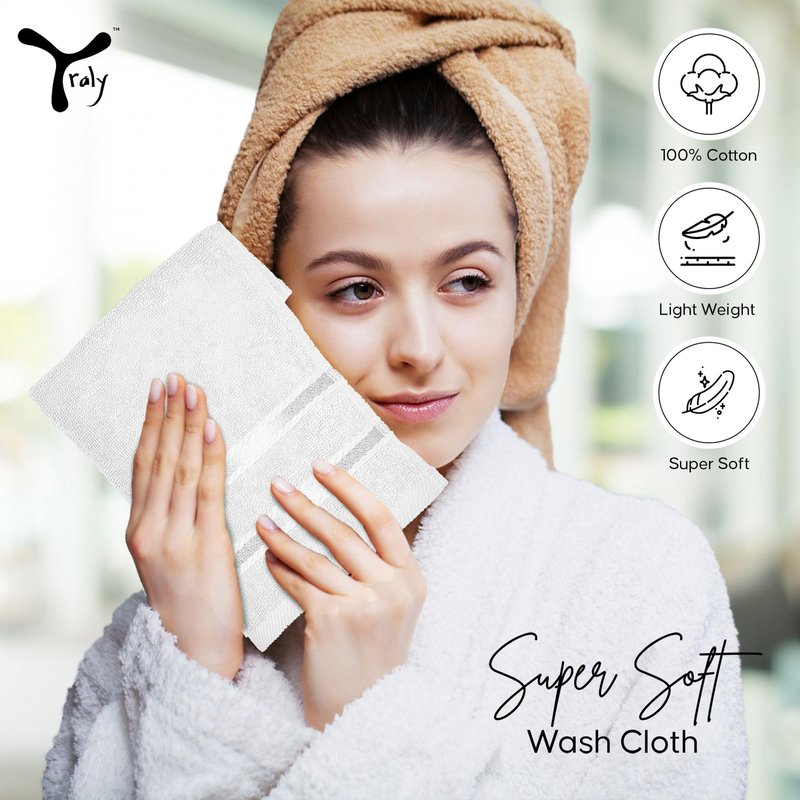 YRALY Luxury Wash Cloths 12 Pack |13x13 Inch | 600 GSM | 100% Ring Spun Cotton Washcloths for Body and Face – Soft and Absorbent Face Towels for Bathroom, Hotel, Spa, Gym (White)