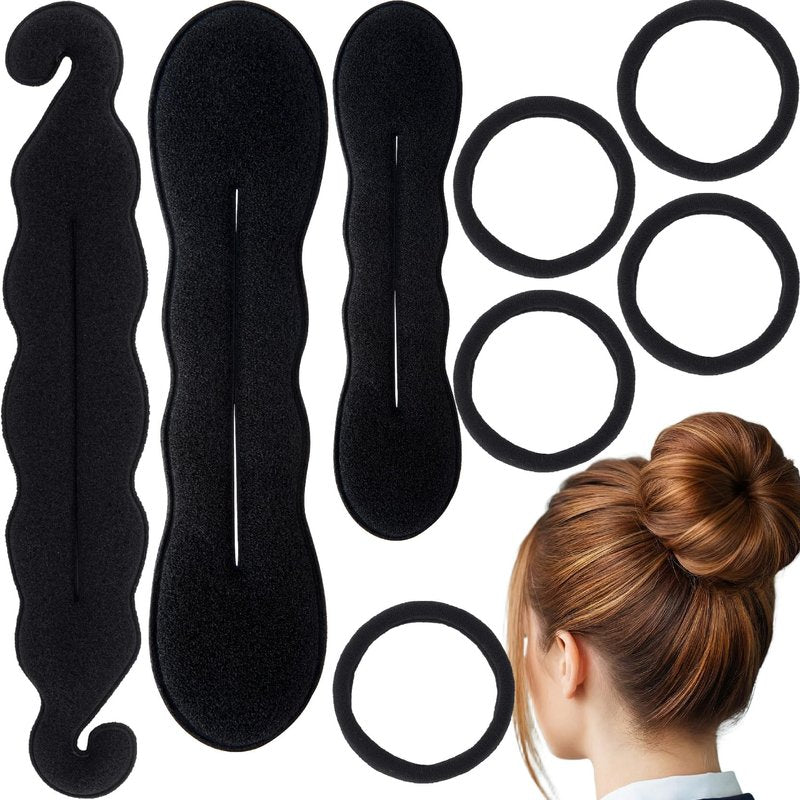 Lekgavd 3 PCS Hair Bun Maker, 3 Styles Sponge Hair Updo Shaper, 5PCS Elastic Hair Ties, Classic Hairstyle Accessories for Long, Curly, Straight Hair for Women -Black