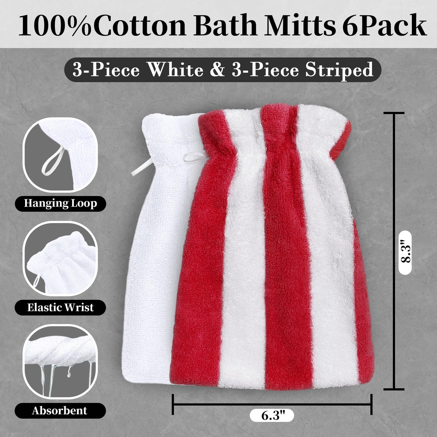 VOOVA & MOVAS Wash Mitts for Body 6-Pack, 100% Cotton Soft Absorbent Wash Cloths with Hanging Loop, 8.3x6.3 Inch European Style Wash Gloves for Shower & Spa, Red Stripe & White