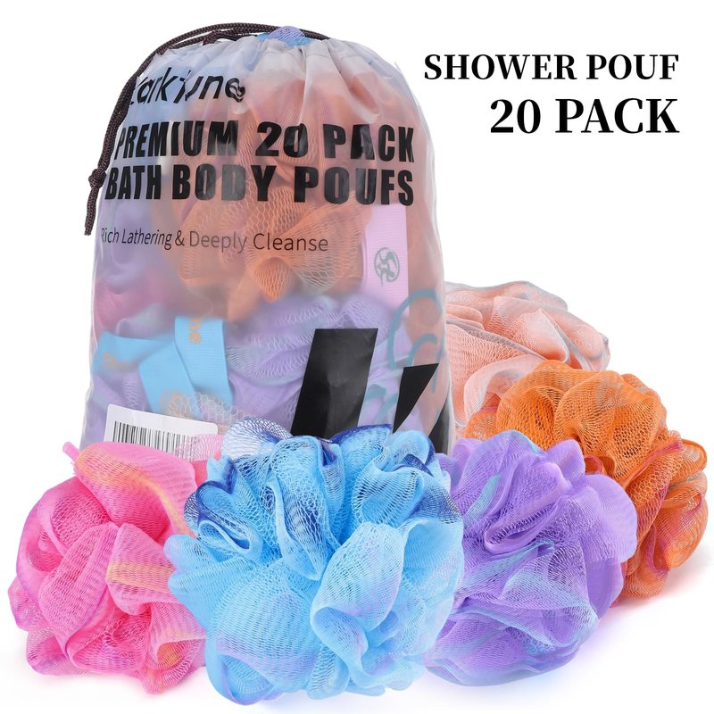 Mini Shower Loofah 20 Pack for Travel Portable Bath Sponge Puff Quick Lather Durable Mesh Gentle Exfoliation for All Ages Small Size Ideal for Home, Gym, or on The Go