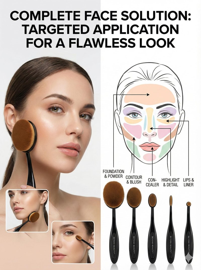 Beyond Beauty Oval Makeup Brush Set 5-Piece, Super Soft Synthetic Brushes for Foundation Blending, Contour, Concealer, Face and Eye Makeup