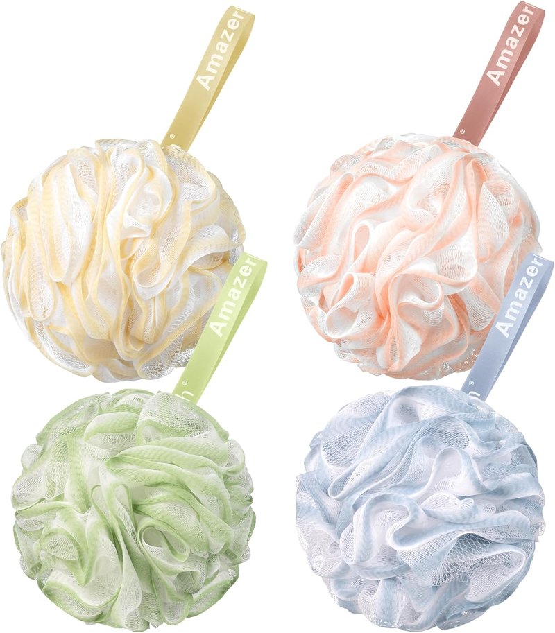 AmazerBath Loofah Sponge Set of 4 - Exfoliating Body Scrubber in Cotton Candy Colors | Large 75g Each