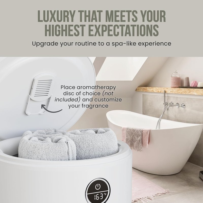 Fontaines Luxury Towel Warmer - Large Heated Thermal Bucket with Wood Handle | Safe Auto Shut Off, Fits Two Oversized Towels (40x70) - White