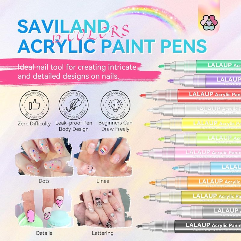 Saviland 12 Colors Nail Art Pens Set | 3D Acrylic Paint Markers for Creative Nail Designs & DIY Manicure