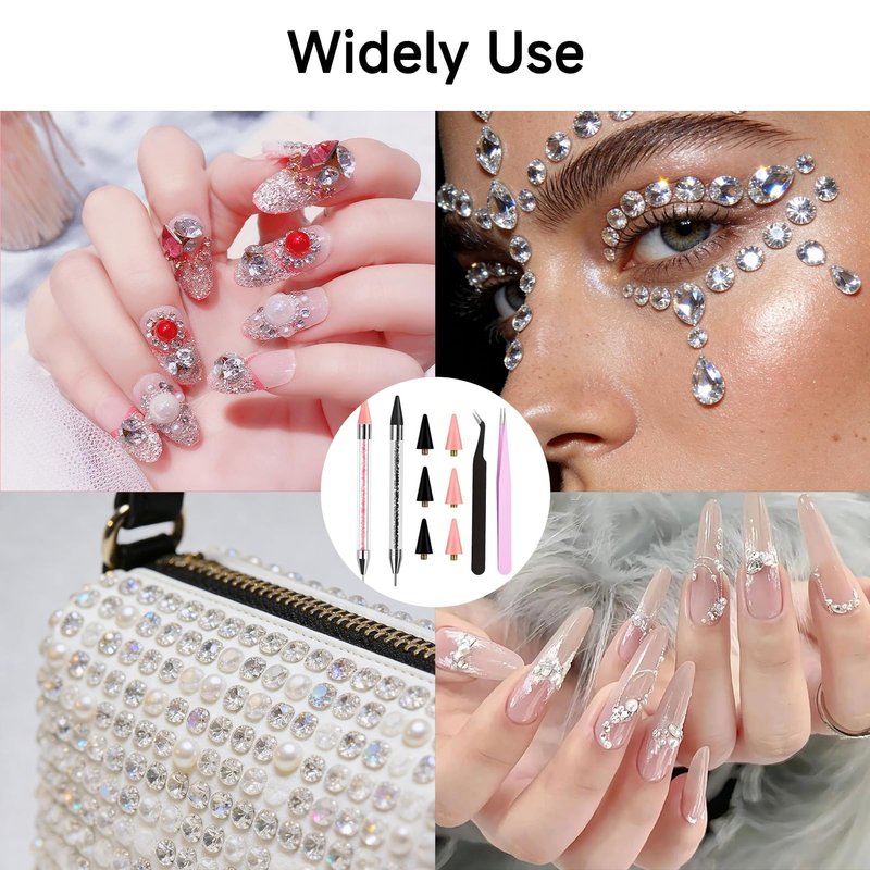 2PCS Rhinestone Picker Tool Dotting Pen - Rhinestone Picker Tool Set with 6 Wax Tips and 2 Tweezers, Gem Picker Pen Diamond Jewel Applicator, Rhinestone Tools Kit for Bedazzling DIY Nail Art