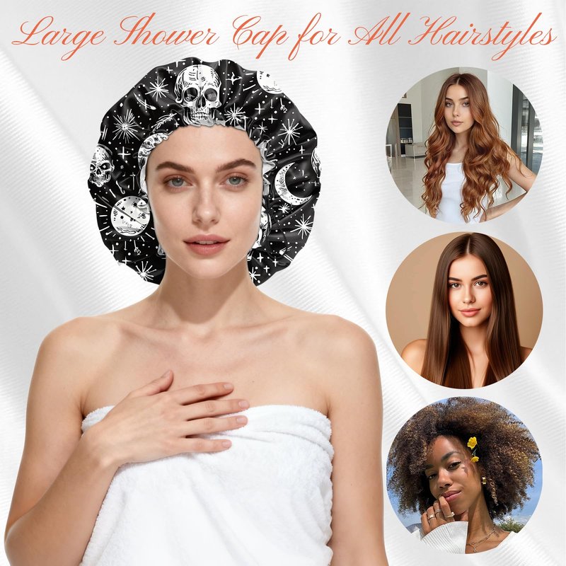 BHAHB Shower Cap Reusable Double Layer Adjustable Elastic Waterproof EVA Hair Bath Caps for Women Girls Cute Aesthetic-Skull