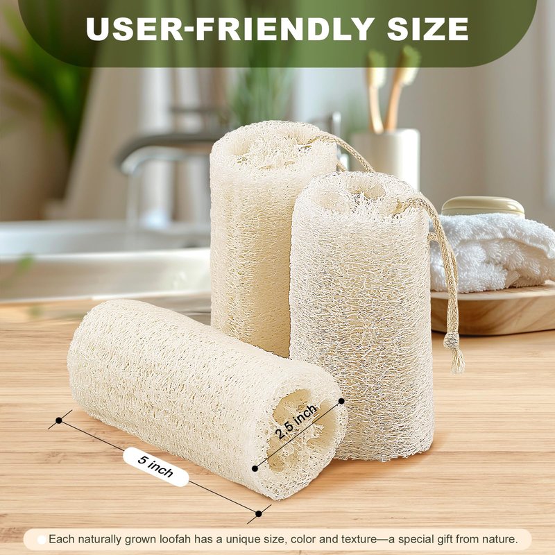 Createjoya Natural Loofah Body Scrubber Sponge, Set of 3 Organic 5 Inch Luffa for Exfoliating & Smooth Skin Cleansing, Ideal for Men & Women, Spa & Shower Use