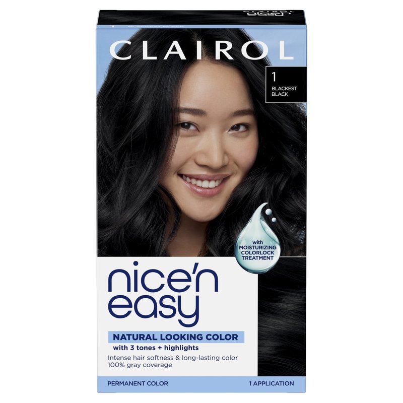Clairol Nice'n Easy Permanent Hair Dye, 1 Blackest Black | 100% Gray Coverage | Long‑Lasting, Natural‑Looking Color & Shine | Pack of 1
