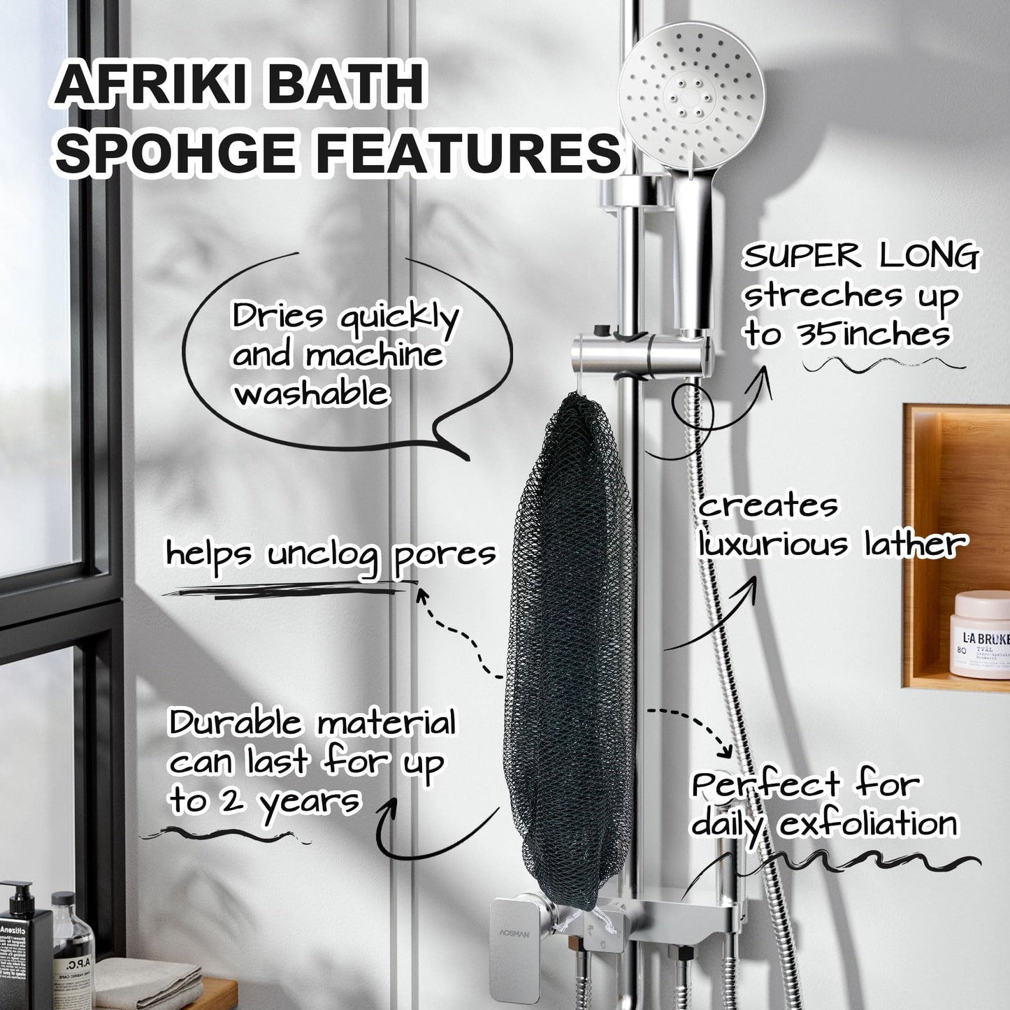 African Net Sponge Authentic,35 inches African Exfoliating Net Sponge,African Wash Cloth for Women and Men,Deep Cleansing,Soft Skin, Suitable for Daily Shower/Bath, Durable & Reusable - Black