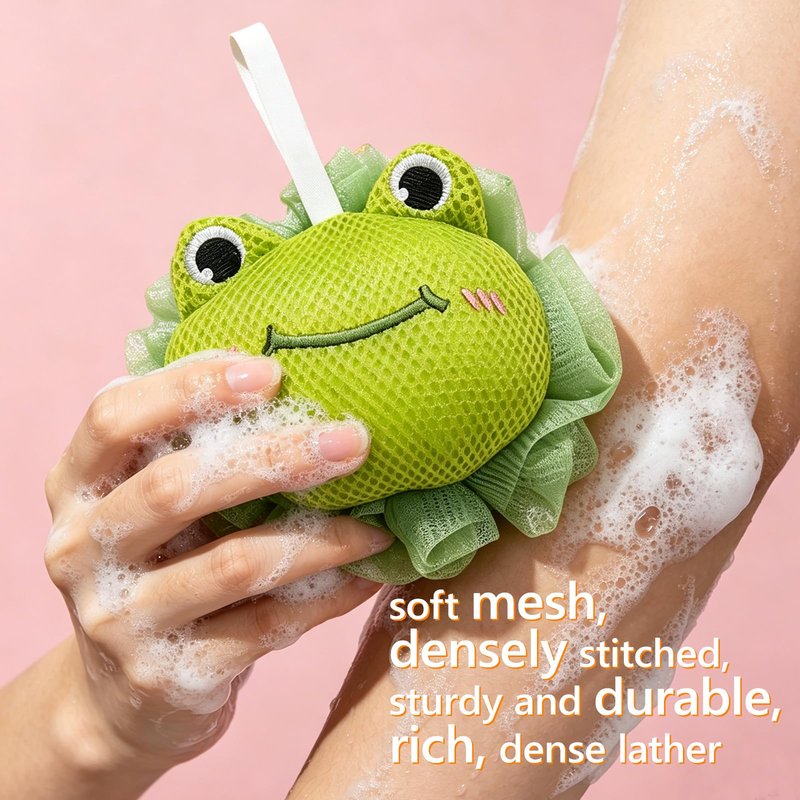 Kids Loofah, Cute Cartoon Animal Kids Bath Sponge with Hanging Rope, Soft Double Mesh for Rich Lather (Green Frog)
