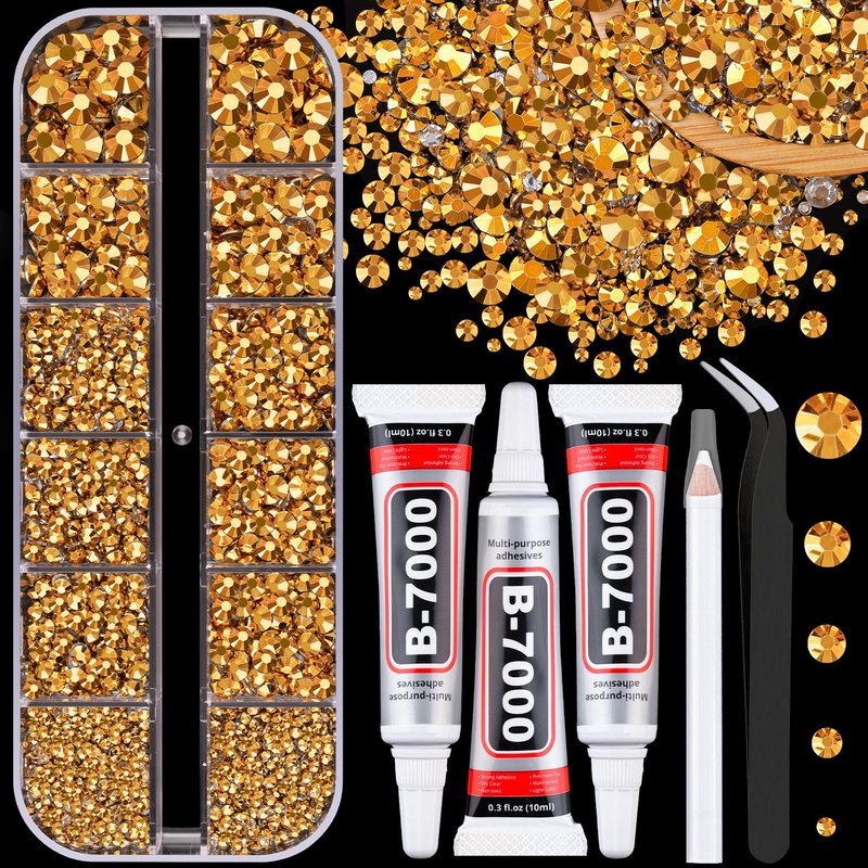 Resin Rhinestones for Crafting with 3Pcs 10ml B7000 Jewelry Glue, 2 Boxes Gold Flatback Gems Crystals Diamond for Bedazzling Crafts DIY Nail Art Makeup,Gems for Clothing Tumblers Shoes