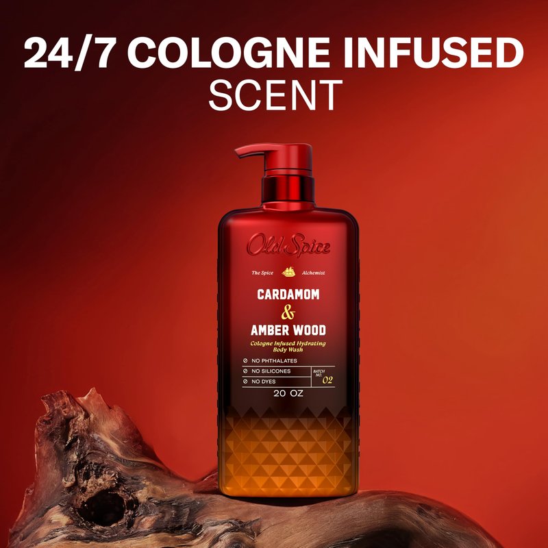 Old Spice Body Wash for Men, The Spice Alchemist Collection, 24/7 Cologne Infused Hydration, No Trade Off Formula, Free of Phthalates Silicones & Dyes, Cardamom + Amber Wood Scent, 20 oz