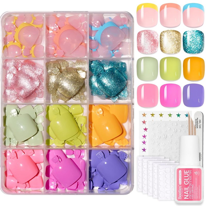 Beetles Press On Toenails Kit - 360 Pcs Short Square Glitter Nails | 12 Colors, French Glossy Finish, Includes Glue & Tabs