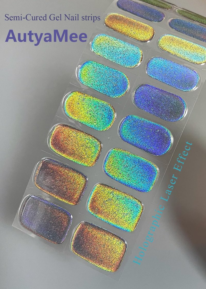 Gel Nail Strips - Semi-Cured Holographic Chrome Design | Easy Application, Salon Quality, Laser Rainbow