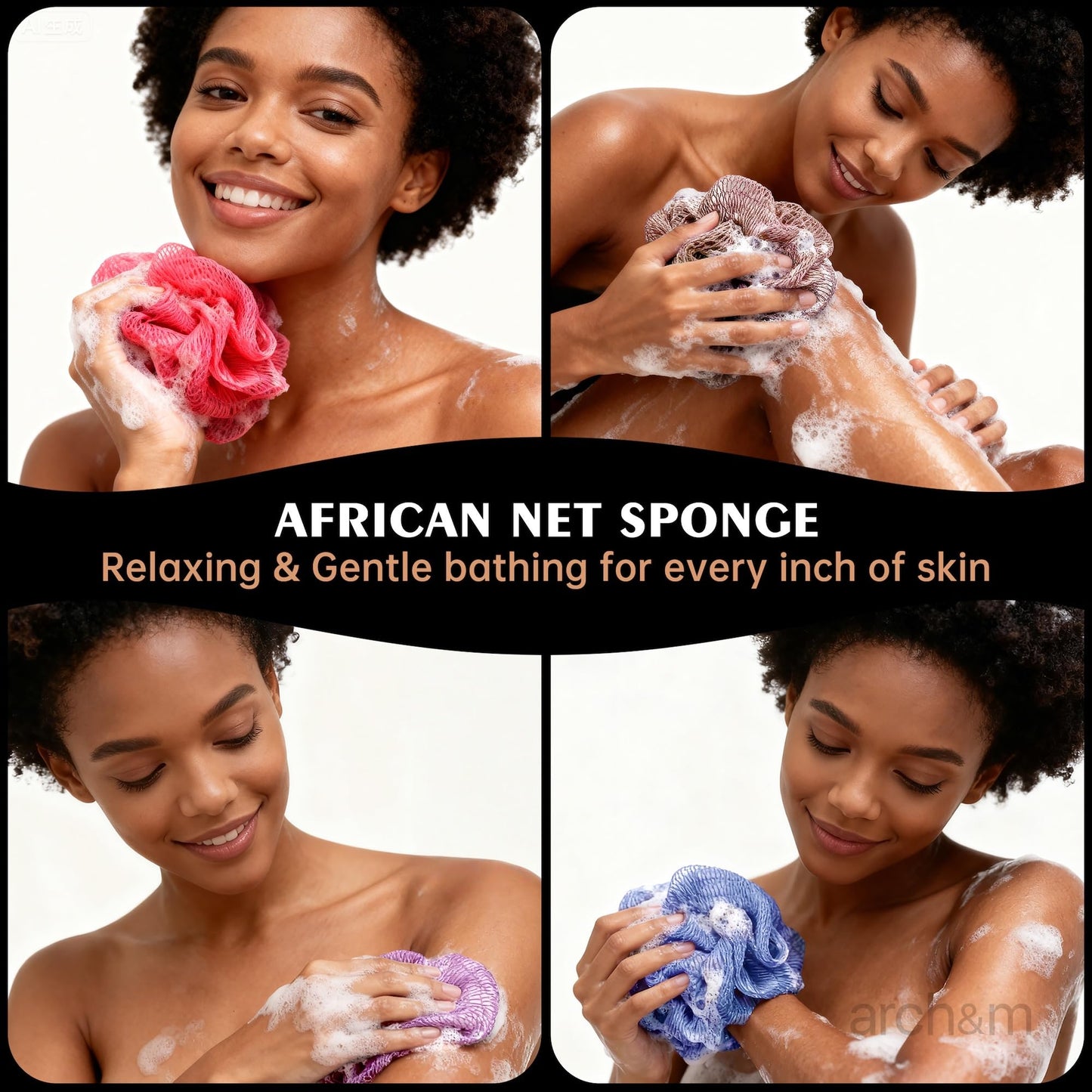ARCH&M Afroscrub African Net Sponge - Authentic African Wash Cloths Exfoliating Body Sponges for Showering Daily Use Back Scrubber Exfoliator Shower Loofah for Body Bath Accessories Champagne