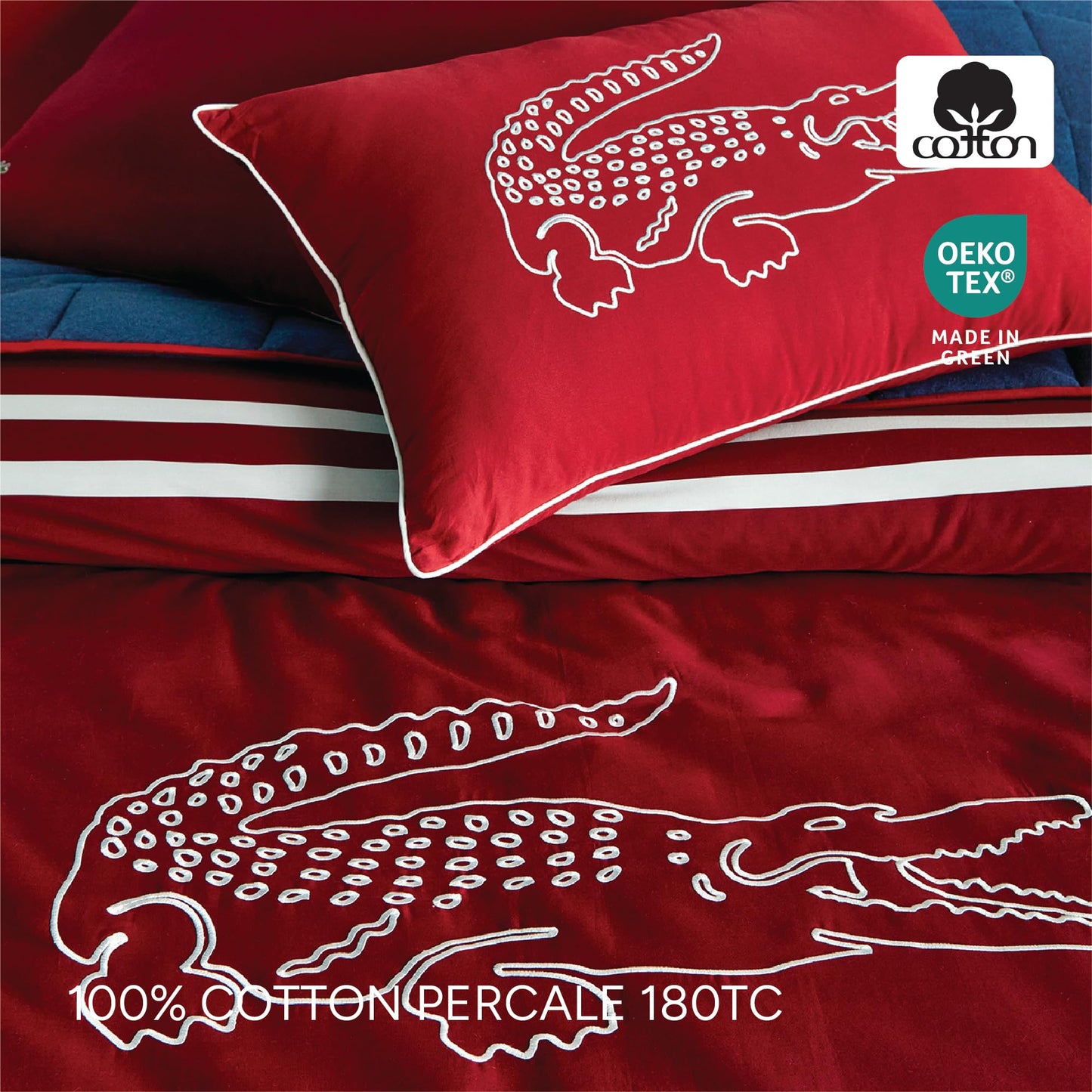 Lacoste Big Croc Comforter Set – 100% Cotton Percale 180-Thread Count, Reversible Duvet & Pillow Shams, Soft Breathable, Iconic Croc Logo, Rio Red, Twin