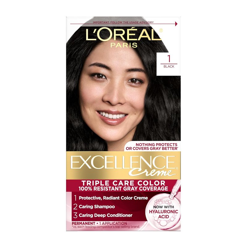 L'Oreal Paris Excellence Crème Hair Dye - Triple Care Formula for 100% Gray Coverage | Black, 1 Kit