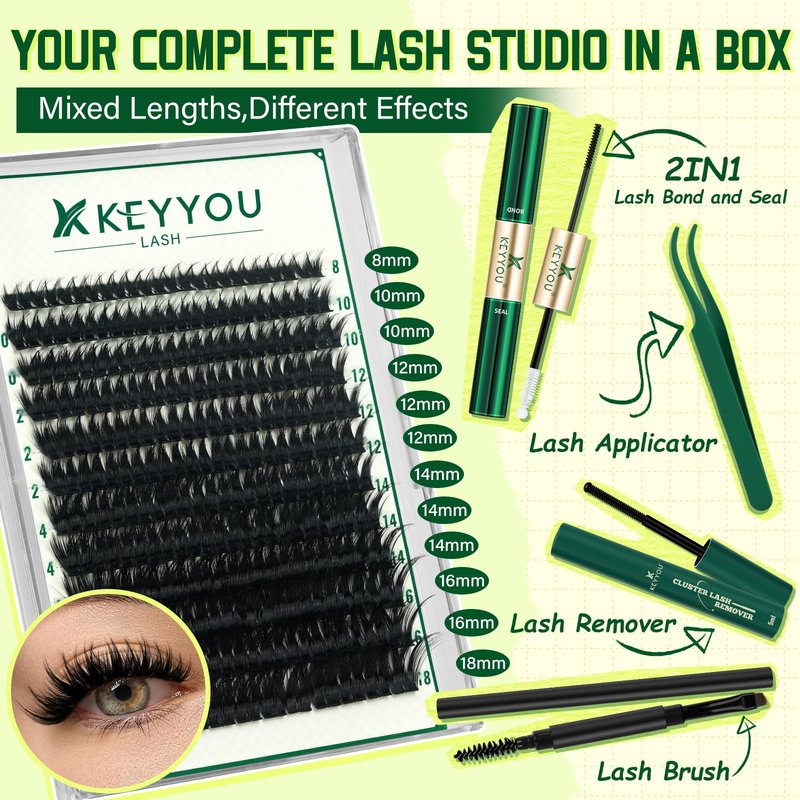 DIY Lash Extension Kit 144pcs 8-18MIX Lash Clusters with Super Hold Mascara Brush Bond and Seal Lash Remover Lash Applicators Lash Brush for KEYYOU DIY Lash Kit (Y10 Kit)