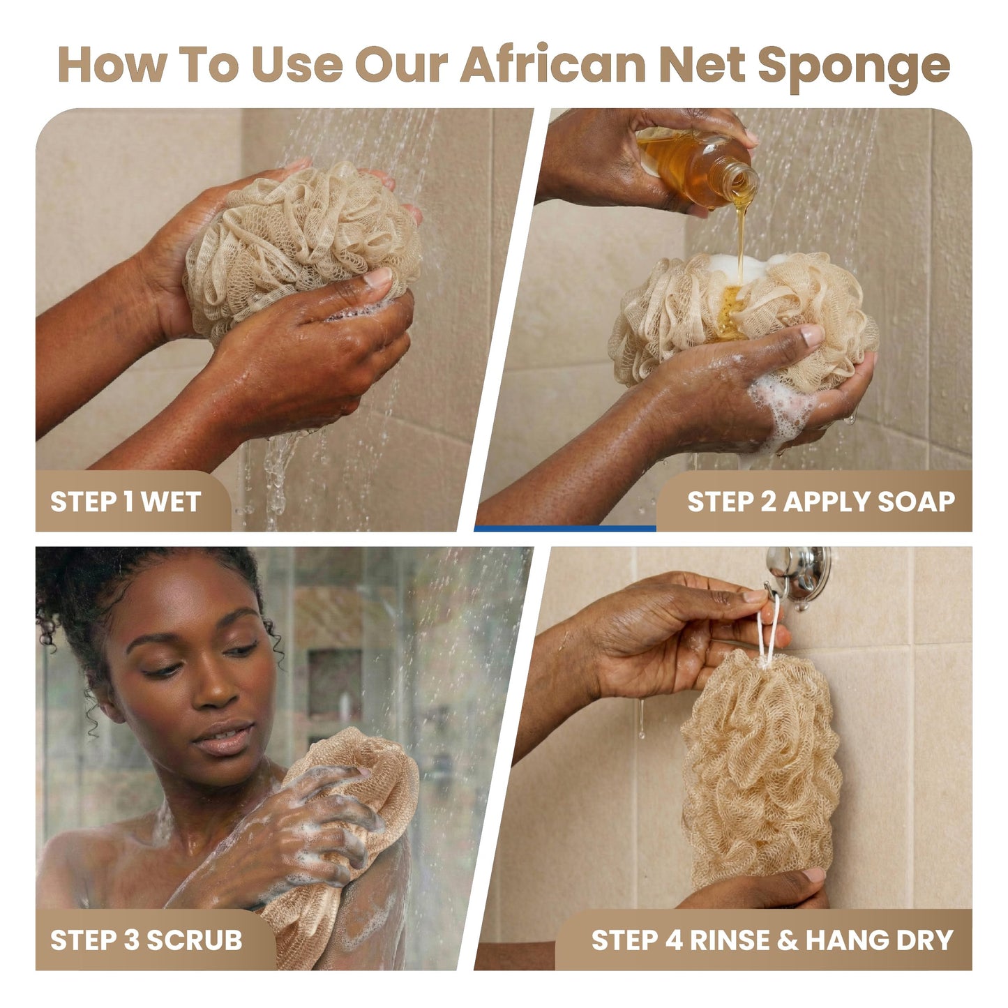 African Net Sponge Authentic (Sapo/Kessa), African Exfoliating Sponge Real African Net Black Owned, African Bath Sponge Back Scrubber, Body Exfoliator Shower Bath Accessories (Beige)
