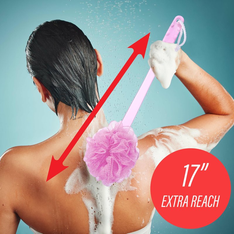 3pc Luxury Round Loofah Set – Long Handle Shower Scrubber with Hanging Loop | Exfoliating Body Scrubber Value Pack | Deep Cleansing Bath Loofah for Smooth Skin – Women & Men