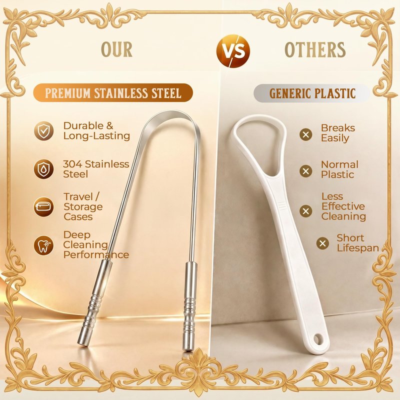 MasterMedi Tongue Cleaner Tongue Scraper Surgical Grade Stainless Steel Tongue Brush Dental Kit Professional Eliminate Bad Breath With Non-synthetic Grip (Family Pack (4 pcs)