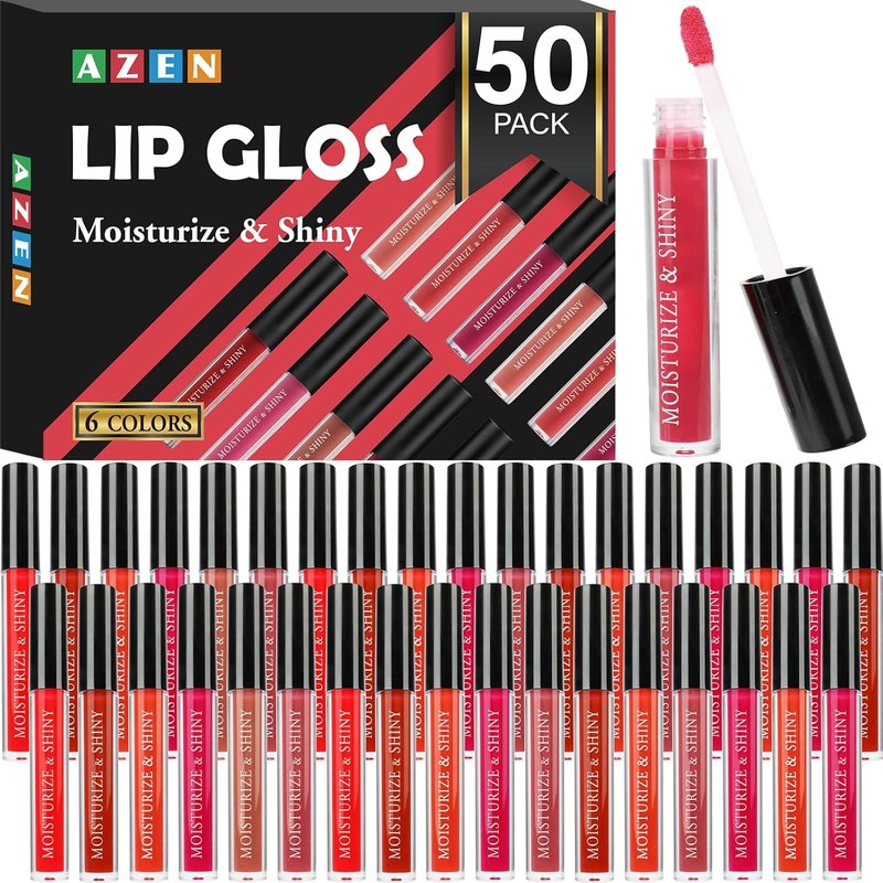 AZEN Lip Gloss Bulk Set - 50 Shimmery Shades for Women & Girls | Vibrant Color Variety