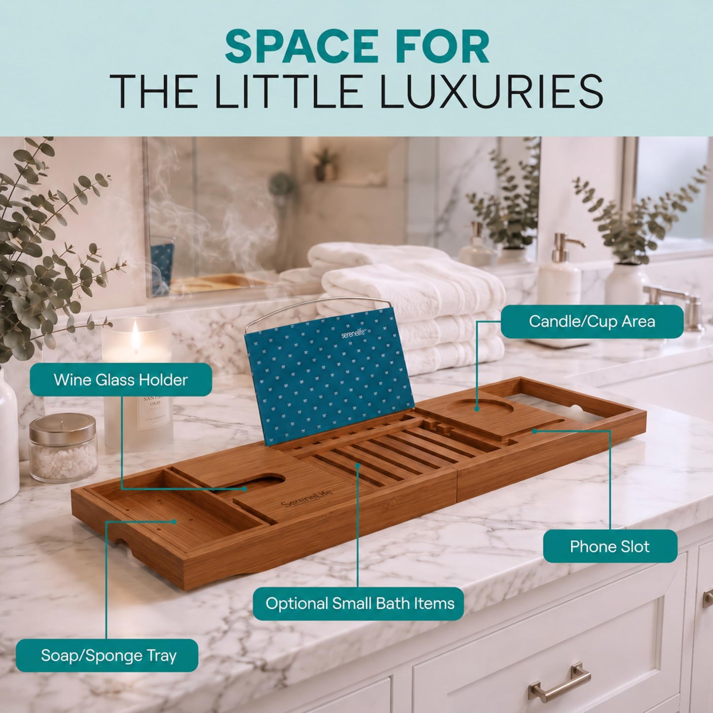 SereneLife Premium Bathtub Tray Caddy with Gift Box and Bow Set, Expandable Bath Tray, Unique House Warming Gifts for Mom, Women, Wedding, Anniversary, Bridal Shower, Fit for All Tub - Brown, Gift Set