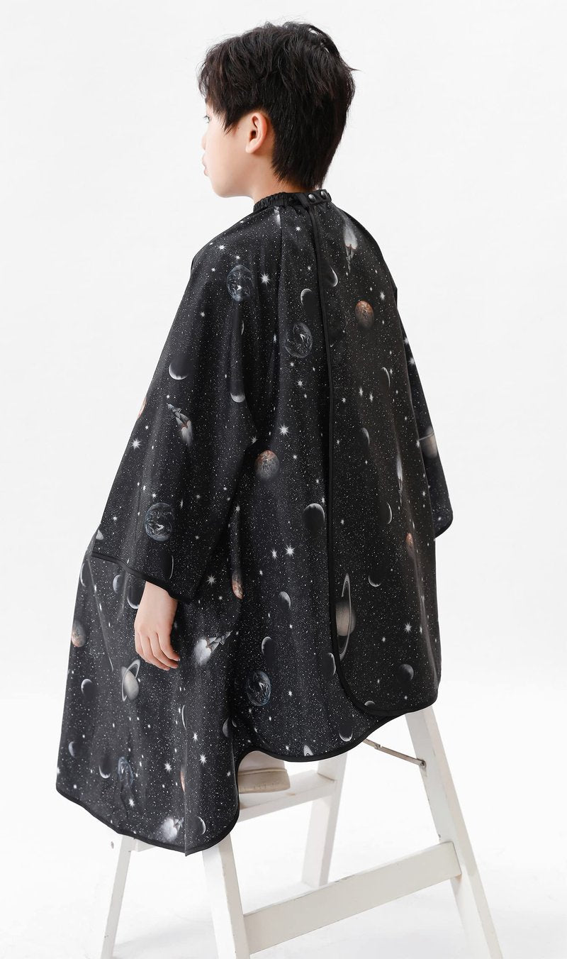 PERFEHAIR Kids Hair Cutting Cape with Sleeves, Kids Barber Cape Haircut Cape for Boy & Girls, Professional Salon or Home Hair Cut Cape-Black Space Printing