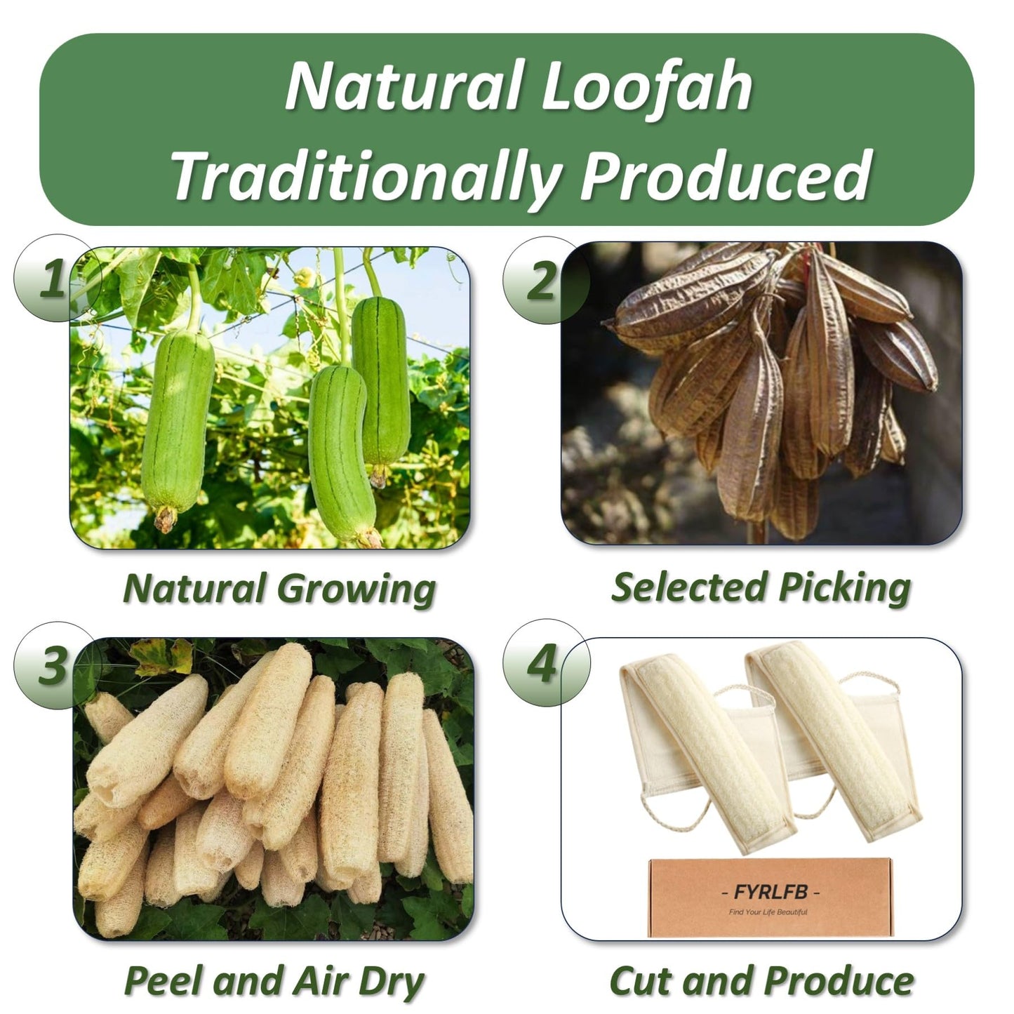FYRLFB Natural Loofah Exfoliating Body Scrubber for Men and Women, Loofah with Handle, Exfoliating Back Scrubber for Shower Set, Luffa Sponge to Clean & Relax Your Body Deeply (2 Pack)