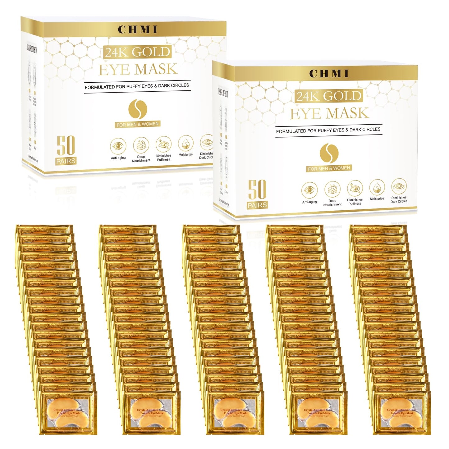 CHMI Under Eye Patches (100 Pairs) - 24K Gold Eye Patches for Puffy Eyes, Dark Circles, Eye Bags and Wrinkles, Collagen Skin Care Products, Beauty & Personal Care