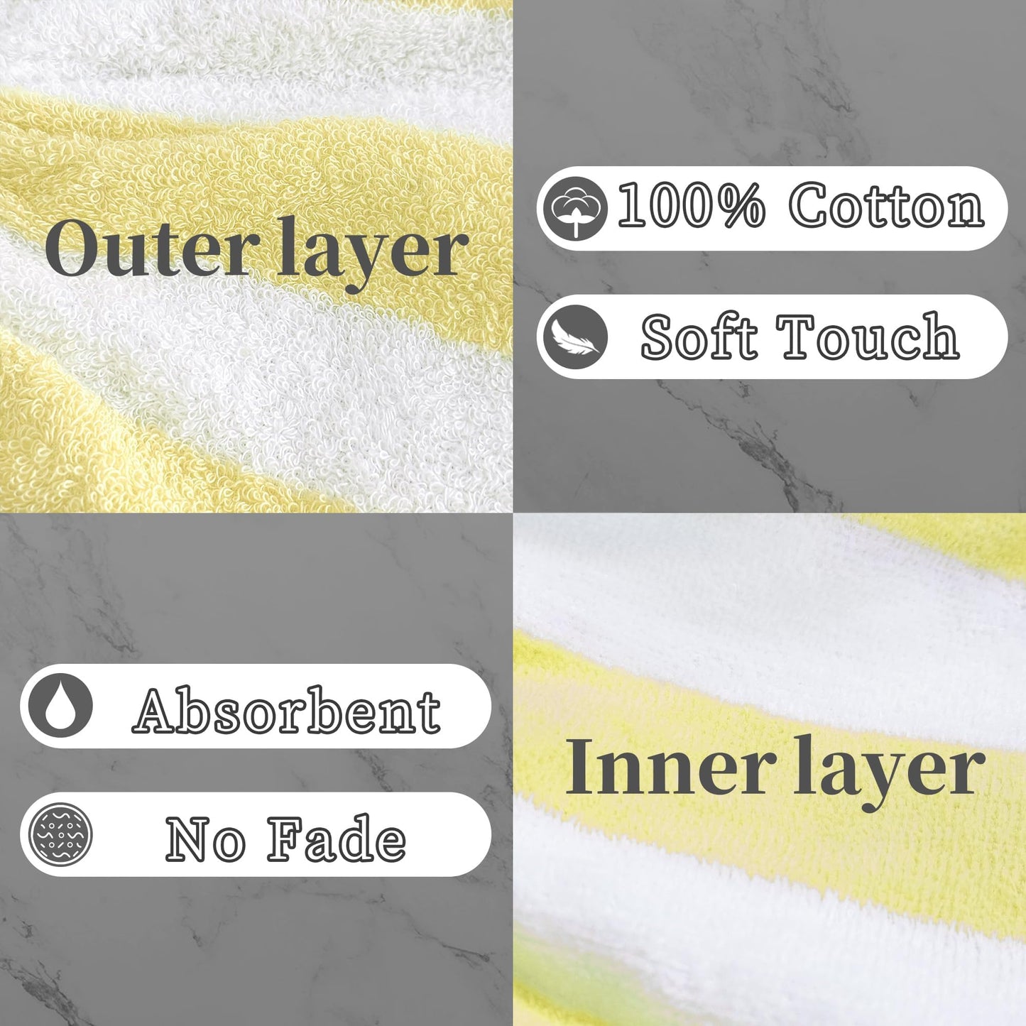 VOOVA & MOVAS Bath Washcloths 6-Pack, 8.3x6.3 Inch 100% Cotton Soft Absorbent Bath Mitt with Hanging Loop, European Style Wash Cloths for Shower & Bath, Yellow Stripe & White