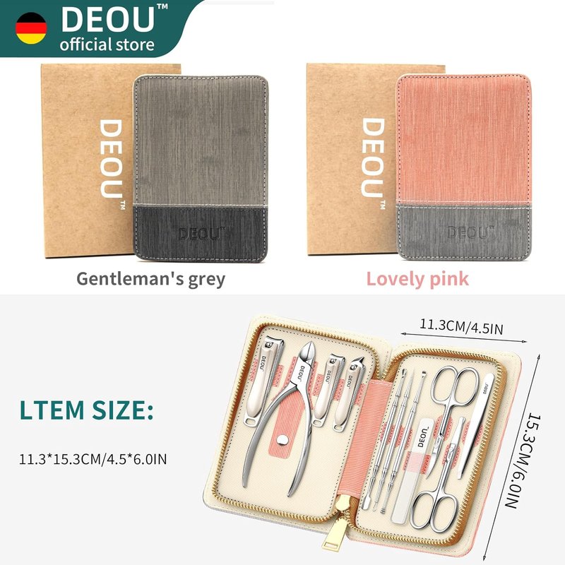 DEOU Manicure Set - Professional Stainless Steel Nail Clippers & Grooming Tools | Gray Upgrade