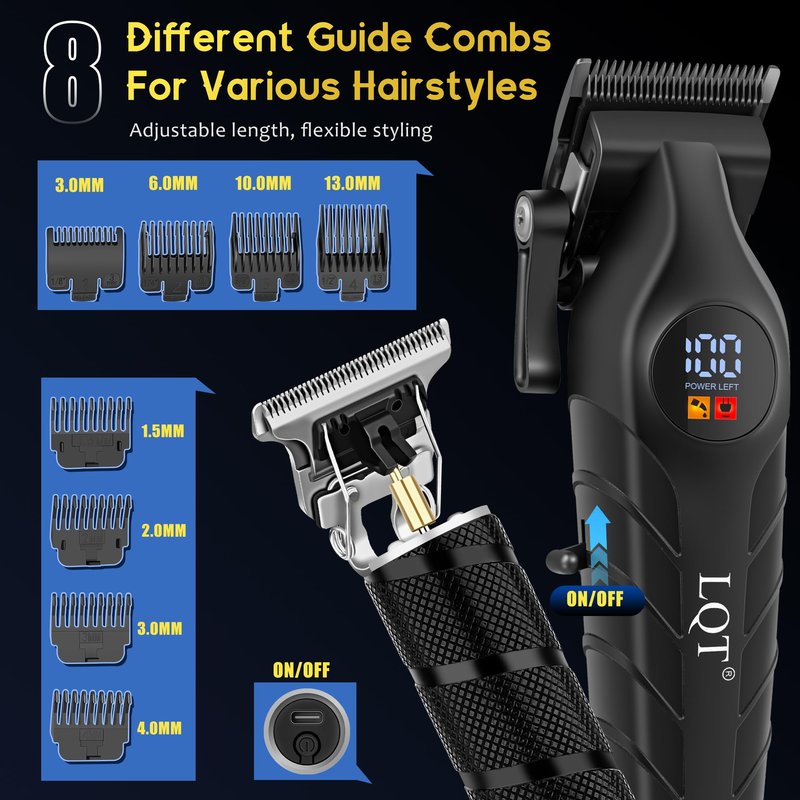 LQT Men's Professional Cordless Hair Clippers & Trimmer Kit, 4-in-1 Electric Shaver Set with LED Display, Waterproof Body Groomer, Nose Trimmer & T-Blade for Bald Head, Full Barber Kit (Black)