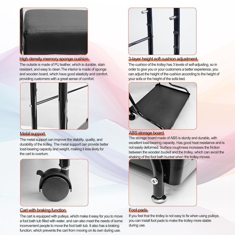 Portable Nail Foot Bath Spa Trolley Cart - Adjustable Height PU Cushion for Salon Use | Black