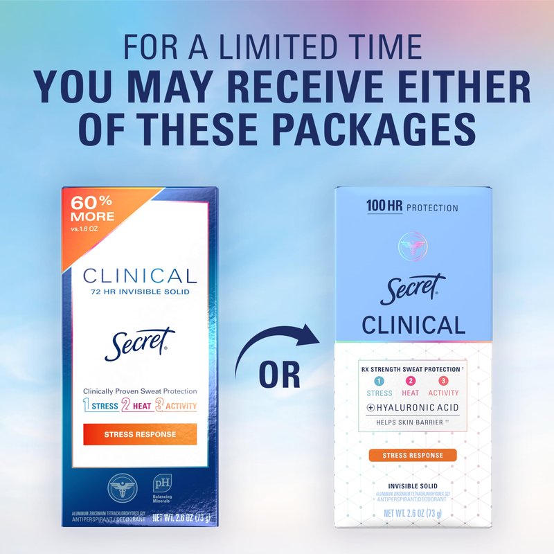 Secret Clinical Strength 100HR Sweat & Odor, Stress Response Invisible Solid Antiperspirant Deodorant for Women, 3X Stress Protection with Hyaluronic Acid, PH Balanced, 2.6 oz (Pack of 2)