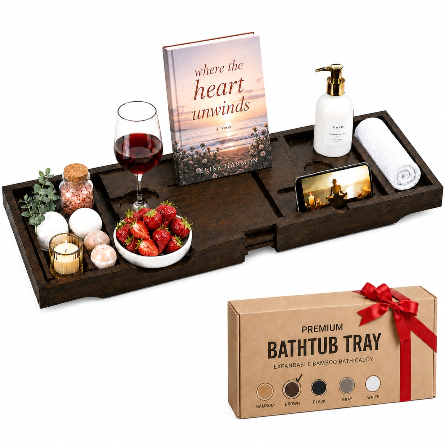 Bambüsi Bathtub Tray for Tub - Brown Bamboo Bath Tray, Expandable Wooden Bath Caddy Tray with Wine Holder, Book and Tablet Stand, Bathroom Accessories, Tub Table, Spa Bath Gifts for Women and Couples