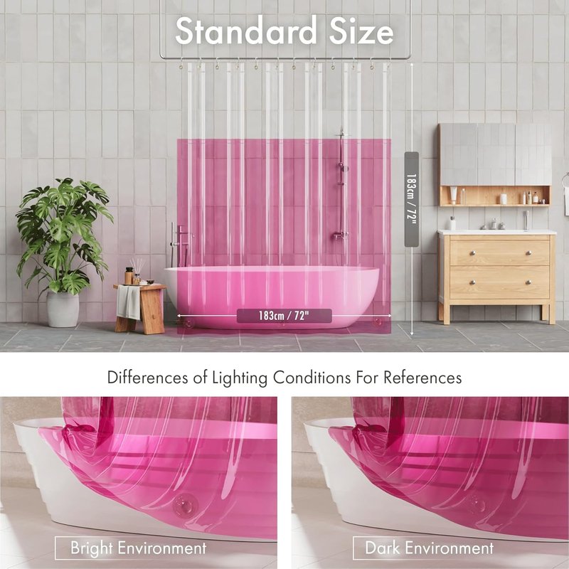 AmazerBath 100% EVA Shower Curtain Liner, 72 x 72 Inches Heavy Duty Shower Curtain and Liner 2-in-1 with 3 Clear Stones and 12 Brass Grommets, Color Block Soft Shower Liner - Clear & Bright Pink