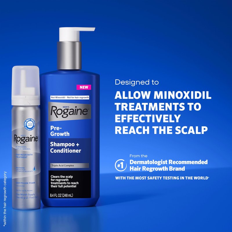 Rogaine Men's Pre-Growth 2 in 1 Shampoo + Conditioner with Triple Acid Complex, Scalp Purifying Shampoo Removes Build-Up To Maximize Hair Regrowth Treatments, Not Minoxidil, 8.4 fl. oz